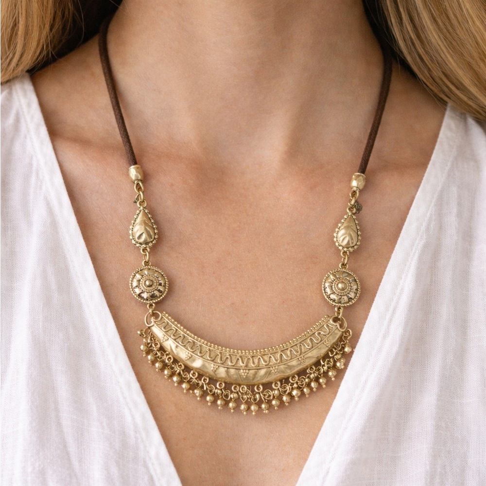 Chico's BoHo Statement Crescent Necklace with Tribal Festive Fringe